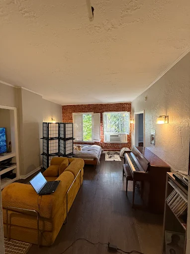 Baby grand piano in an elegant living room